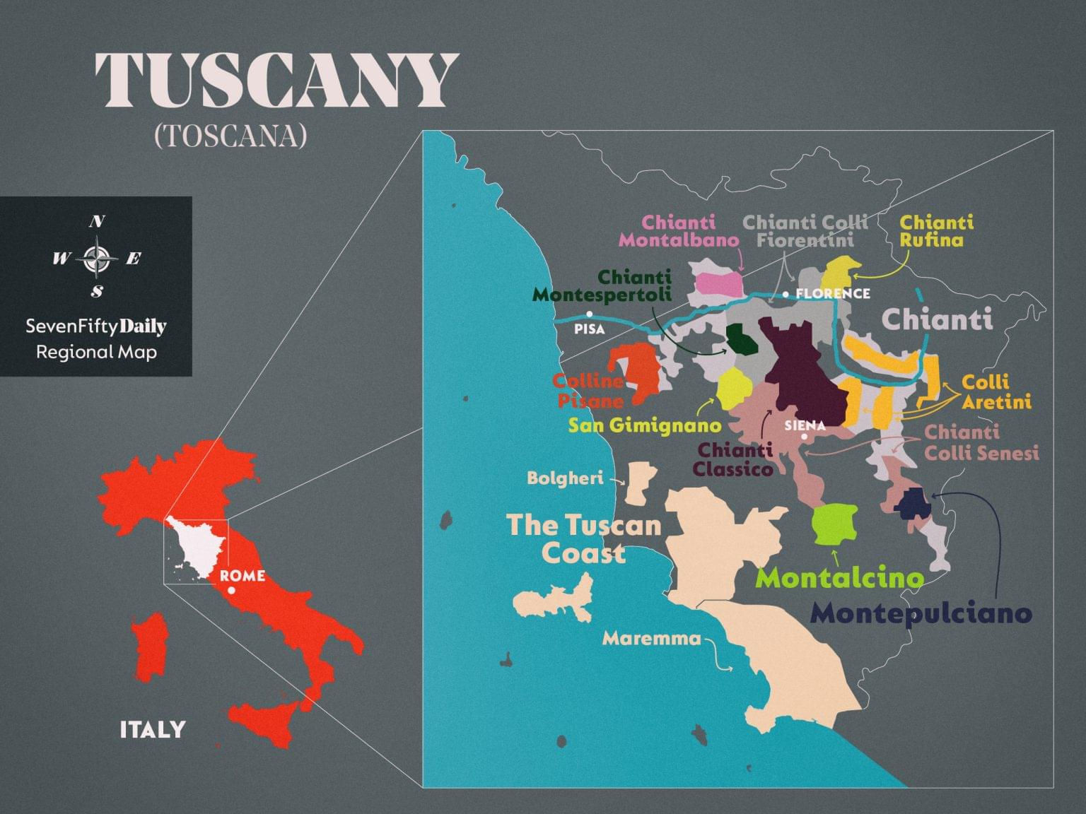 Map of Tuscany, Italy, with wine regions highlighted