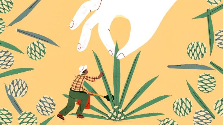 Illustration of people picking a plant