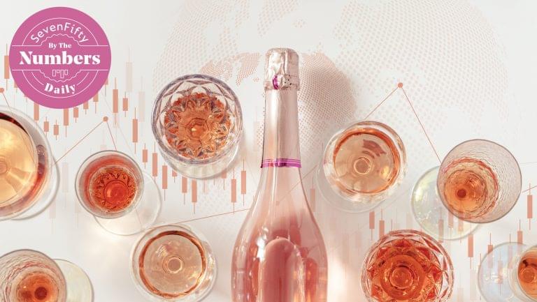 An array of glasses full of rosé surrounding a rosé bottle