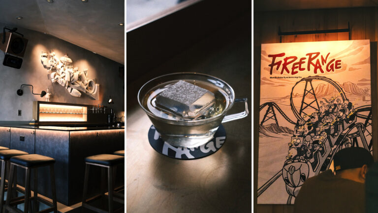 A triptych of photos featuring interior photos of Double Chicken Please's Free Range on either side of the Grand Lotus cocktail